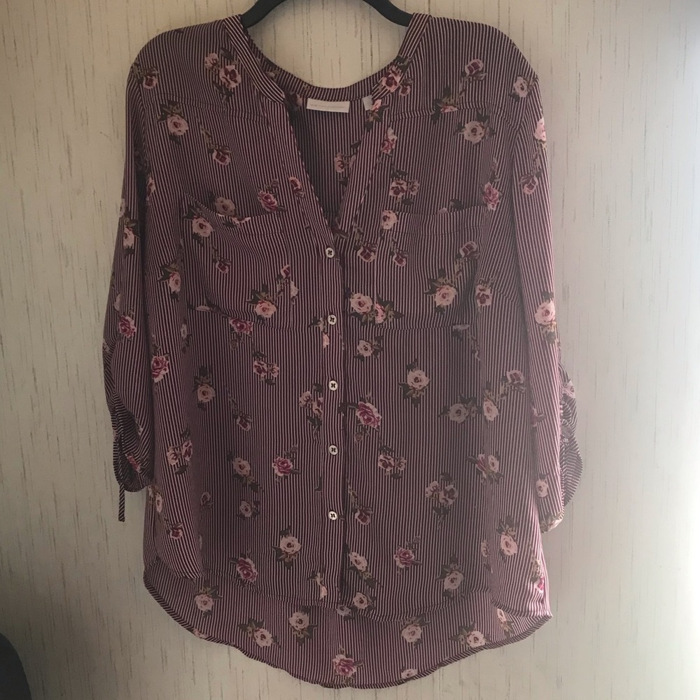 New York & Company Wine Floral Button Down Blouse